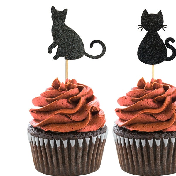 Black cat cupcake toppers, halloween cupcake toppers, black cat party decor