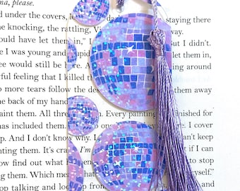 Acrylic disco ball bookmark, sparkly holographic bookmark with tassel, girly funny cute kids bookmark, bookmarks for women