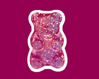 Pink gummy bear sticker, girly holographic aesthetic sticker, waterproof sticker for laptop or water bottle