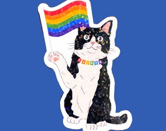 Tuxedo cat pride sticker, LGBTQ+ sticker for cat mom, waterproof sticker for laptop or water bottle