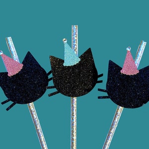 Cat party straws, cat birthday party decorations, paper cat straws