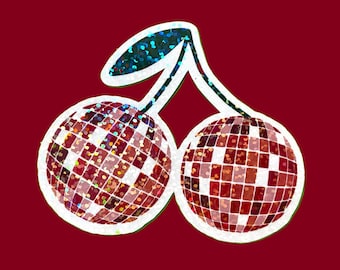 Holographic Disco ball cherry sticker, cute retro sticker, girly waterproof sticker for laptop or water bottle, retro disco ball stickers