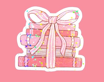 Holographic pink book stack sticker, coquette aesthetic bow sticker, waterproof sticker for laptop or water bottle, girly bookish sticker