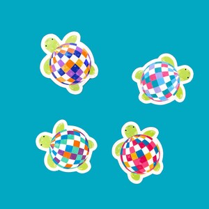 May include: Four colorful, patterned sea turtles with green heads and feet. The turtles are on a blue background.