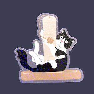 Tuxedo cat sticker, funny cat on a scratcher sticker for cat mom, waterproof sticker for laptop or water bottle