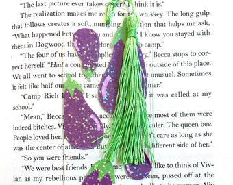 Acrylic eggplant bookmark, sparkly holographic bookmark with tassel, spicy bookmark for women, smut bookmark