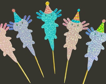 Holographic axolotl cupcake toppers, axolotl birthday decorations, axolotl birthday party