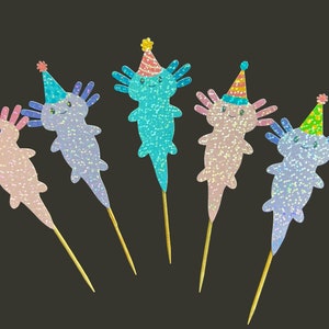 Holographic axolotl cupcake toppers, axolotl birthday decorations, axolotl birthday party
