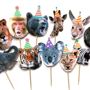 Zoo animal cupcake toppers, funny jungle animal cupcake toppers, zoo birthday party decorations, zoo birthday cake toppers