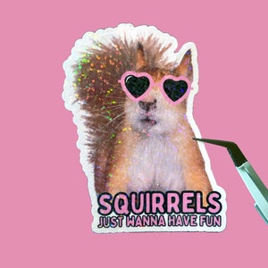 Holographic funny squirrel sticker, squirrels just wanna have fun, squirrel lover gift, funny waterproof sticker for laptop or water bottle