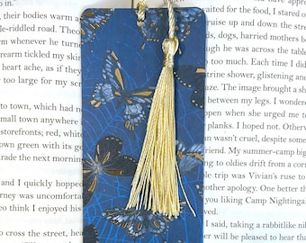 Blue and gold moth bookmark, lunar moth bookmark with tassel, pretty bookmarks for women, butterfly bookmark
