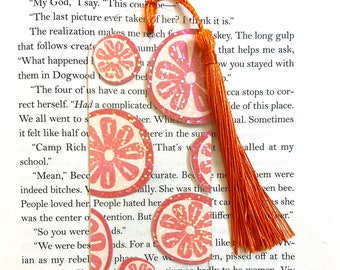 Acrylic orange patterned bookmark, sparkly holographic bookmark with tassel, cute kids bookmark, fruit bookmarks for women