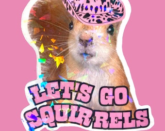 Holographic squirrel magnet, funny magnet, lets go squirrels, cowgirl magnet