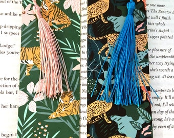 Jungle cat bookmark, cat and plant bookmark, bookmarks with tassel, tiger bookmark, leopard bookmark