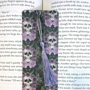 floral skull bookmark, cute halloween bookmark, spooky gothic bookmark, pretty bookmarks for women with tassel