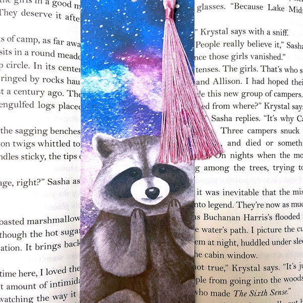 Funny raccoon bookmark with tassel, galaxy raccoon bookmark, unique bookmark for her, raccoon lover gift, book lover gift, bookmark for her