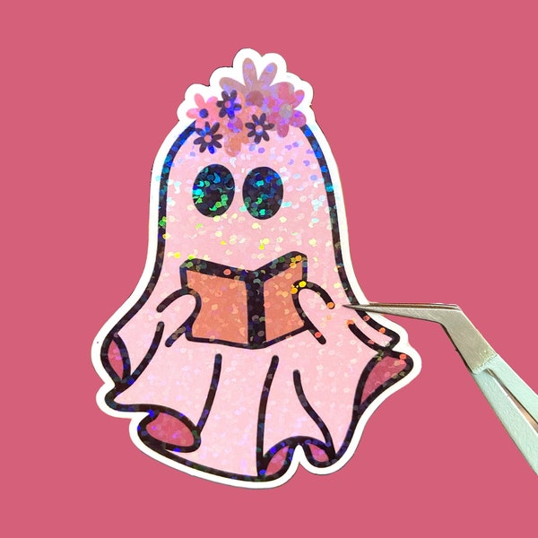 Holographic reading ghost sticker, ghost book sticker, waterproof sticker for laptop or water bottle, halloween sticker, bookish sticker