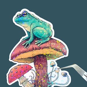 May include: A green frog sitting on top of a large mushroom with a red cap. The mushroom is surrounded by smaller mushrooms with white caps. The image has a holographic glitter effect.