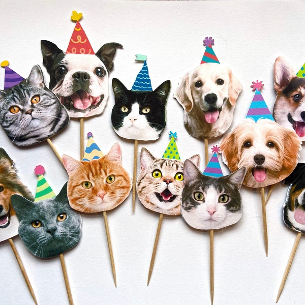 Cat cupcake toppers, dog cupcake toppers, cat and dog birthday decorations, lets pawty decorations