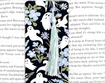 Floral ghost bookmark, cute halloween bookmark, funny ghost bookmark with tassel, halloween bookmark for women