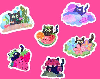Black cat stickers, holographic cat stickers, funny stickers for laptop, cute cat stickers, water resistant stickers