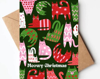 Modern pink Cat Christmas card, Cat holiday card, blank Christmas cards, Christmas card for cat lover, meowy Christmas, funny Christmas card