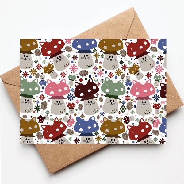 Cat mushroom greeting card, cute mushroom greeting card, blank cat notecards, cottage core cards, any occasion greeting card