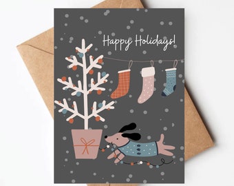 Cute dog Christmas card, funny weenie dog Christmas card, happy holidays, dog lover card
