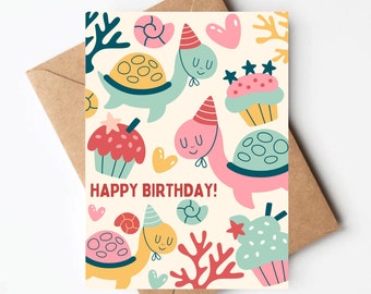 Cute Sea turtle birthday card, illustrated ocean themed birthday card, kids birthday card, under the sea birthday card, gender neutral