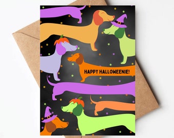 Funny weenie dog halloween card, halloween card for dog lover, Weiner dog card