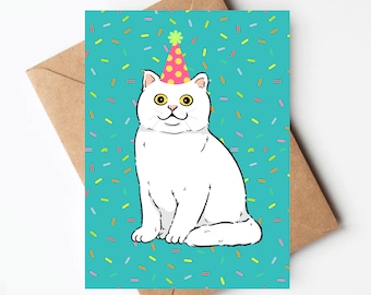 White cat birthday card, cat mom birthday card, unique cat birthday card for her, gender neutral birthday cards