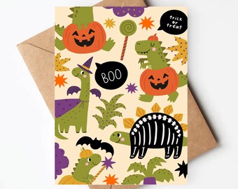 Dinosaur halloween card for kids, boys halloween card, funny blank halloween greeting card, halloween stationary