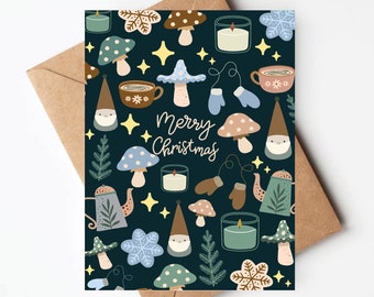 Cozy higgle winter Christmas card, mushroom gnome christmas card, modern holiday cards