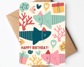 Colorful Shark birthday card, cute gender neutral kids birthday card, unique birthday cards