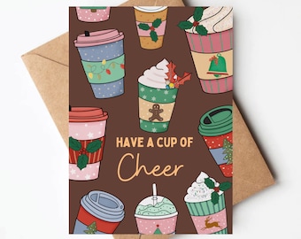 Coffee cup Christmas card, coffee lover gift, coffee cup holiday cards, have a cup of cheer