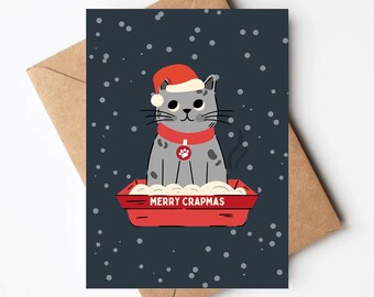 Funny cat Christmas card, merry crapmas sarcastic holiday card, blank Christmas cards, Christmas card for cat lover, meowy Christmas