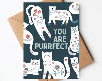 Cat valentines day card, cat anniversary card, cute cat greeting card for friend, any occasion blank cards