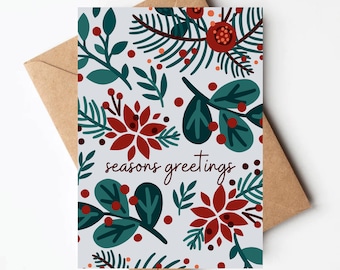 Poinsettia Christmas card, unique holiday cards, pretty christmas card set, seasons greetings modern christmas card