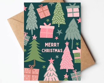 Whimsical pink and teal Christmas tree card, girly pastel Christmas cards, whimsical Christmas card, Christmas cards blank with envelopes