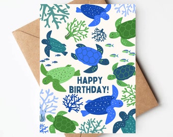 Sea turtle birthday card, cute illustrated birthday card, kids birthday card, under the sea birthday card, boy birthday card