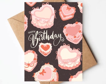 Carte d'anniversaire rose vintage gâteau coeur, carte d'anniversaire coquette girly pour elle, cartes d'anniversaire uniques