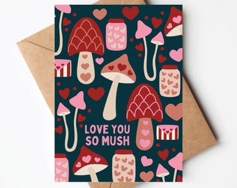 Mushroom valentines day card, love you so mush, cute mushroom card, valentines day card for her