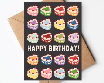 Vintage heart cake birthday card, colorful birthday card for her, unique birthday cards