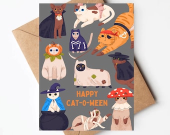 Cat in costumes Halloween card, feline spooky, funny halloween card for cat lovers, kids halloween card