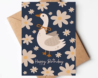 Cute floral goose birthday card, cottage core birthday card, unique birthday card, birthday card for friend, kids birthday card