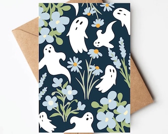 Floral ghost card, cute halloween card, cute ghost greeting card, spooky greeting cards