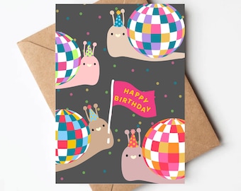 Disco ball Snail birthday card, funny illustrated birthday card, cute kids birthday card