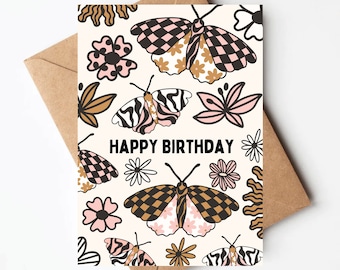 Retro butterfly birthday card, groovy birthday card card, unique birthday card for women, birthday card for her