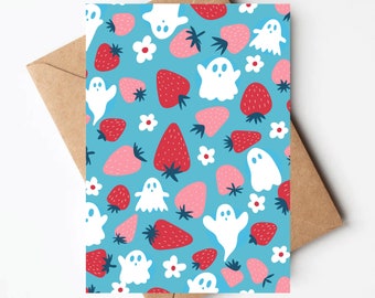 Strawberry ghost card, cute halloween card, cute ghost greeting card, spooky greeting cards