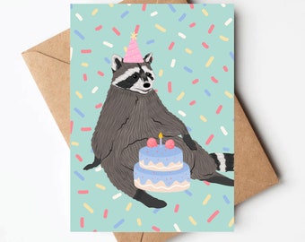 Funny Raccoon eating cake birthday card, trash panda birthday card, funny birthday card for friend